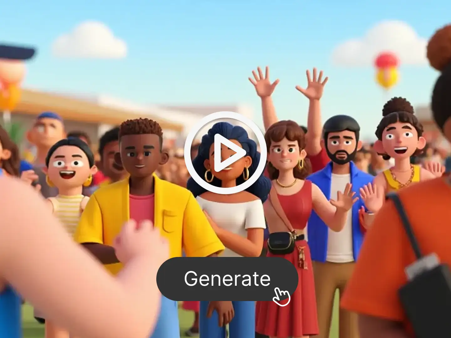  A play button appears over a lively animated crowd scene. Below it, a prominent “Generate” button is clicked. This screen captures the core Dzine experience—turning inputs into animated videos—with a colorful, engaging preview frame that signals the animation is ready for rendering or playback.