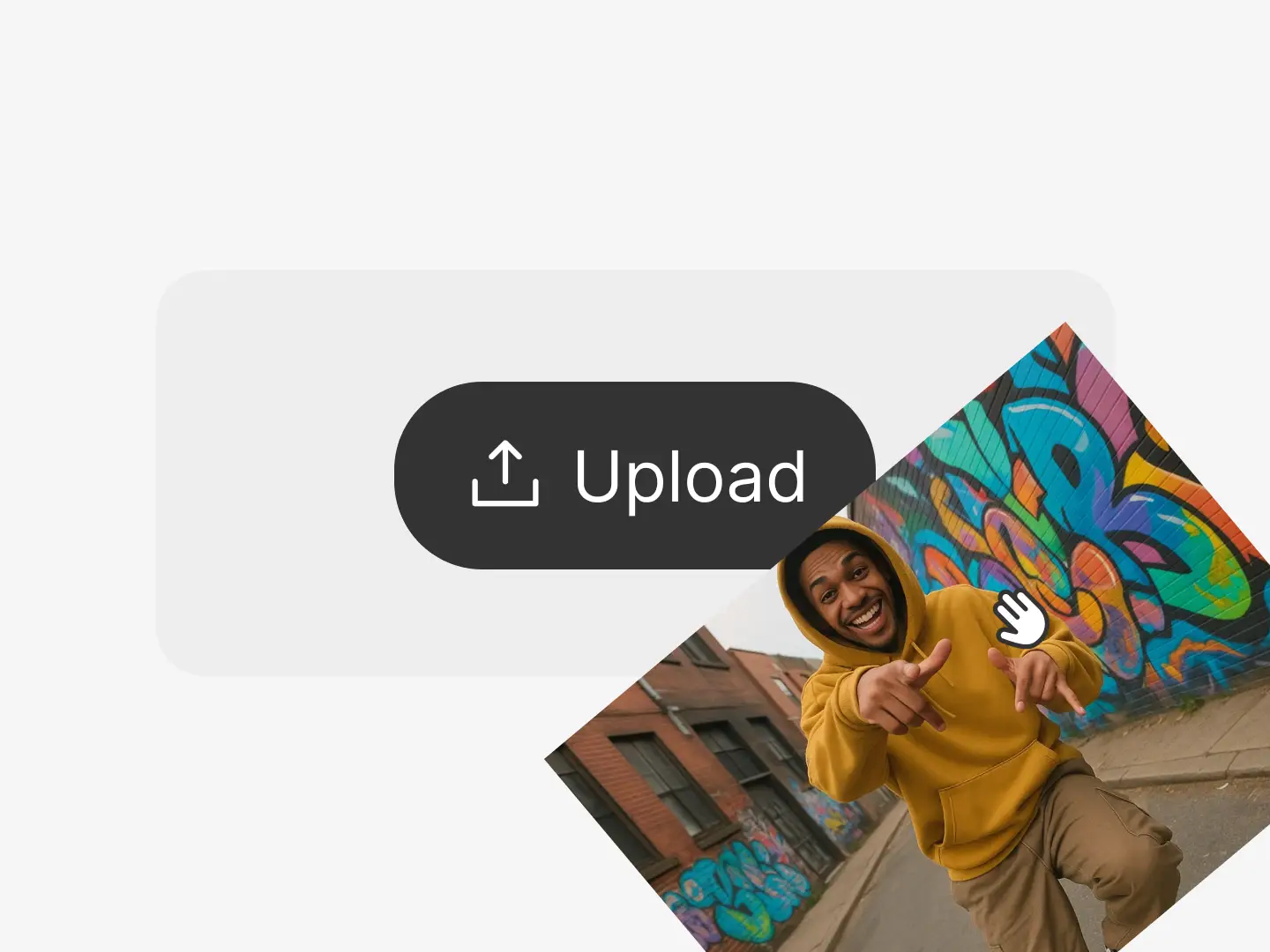  User interface showing a large “Upload” button with an upward arrow icon. A vibrant, candid photo of a smiling man in a yellow hoodie overlays the corner, ready for upload. This visual captures the interactive moment of selecting content to feed into Dzine’s video creation pipeline.