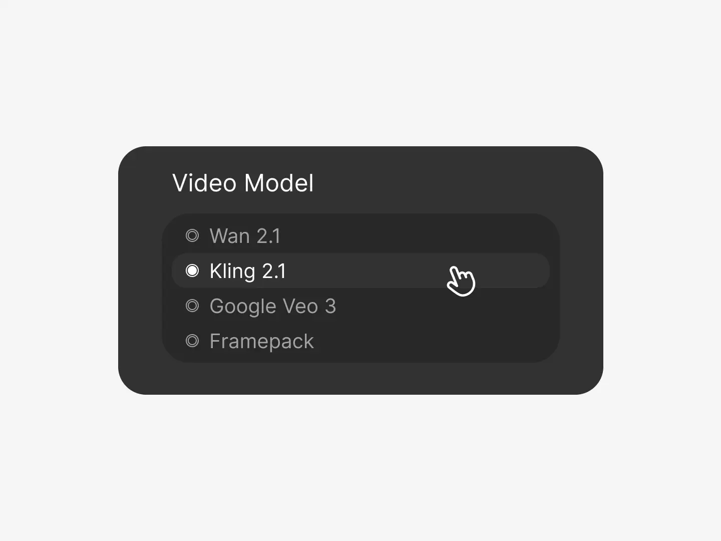 A minimal UI panel featuring video model selection, with “Kling 2.1” chosen among other models like “Wan 2.1” and “Google Veo 3.” A hand-shaped cursor hovers over the selected model. This screen emphasizes the customizable power of Dzine, allowing users to pick advanced rendering engines for stylized animation output.