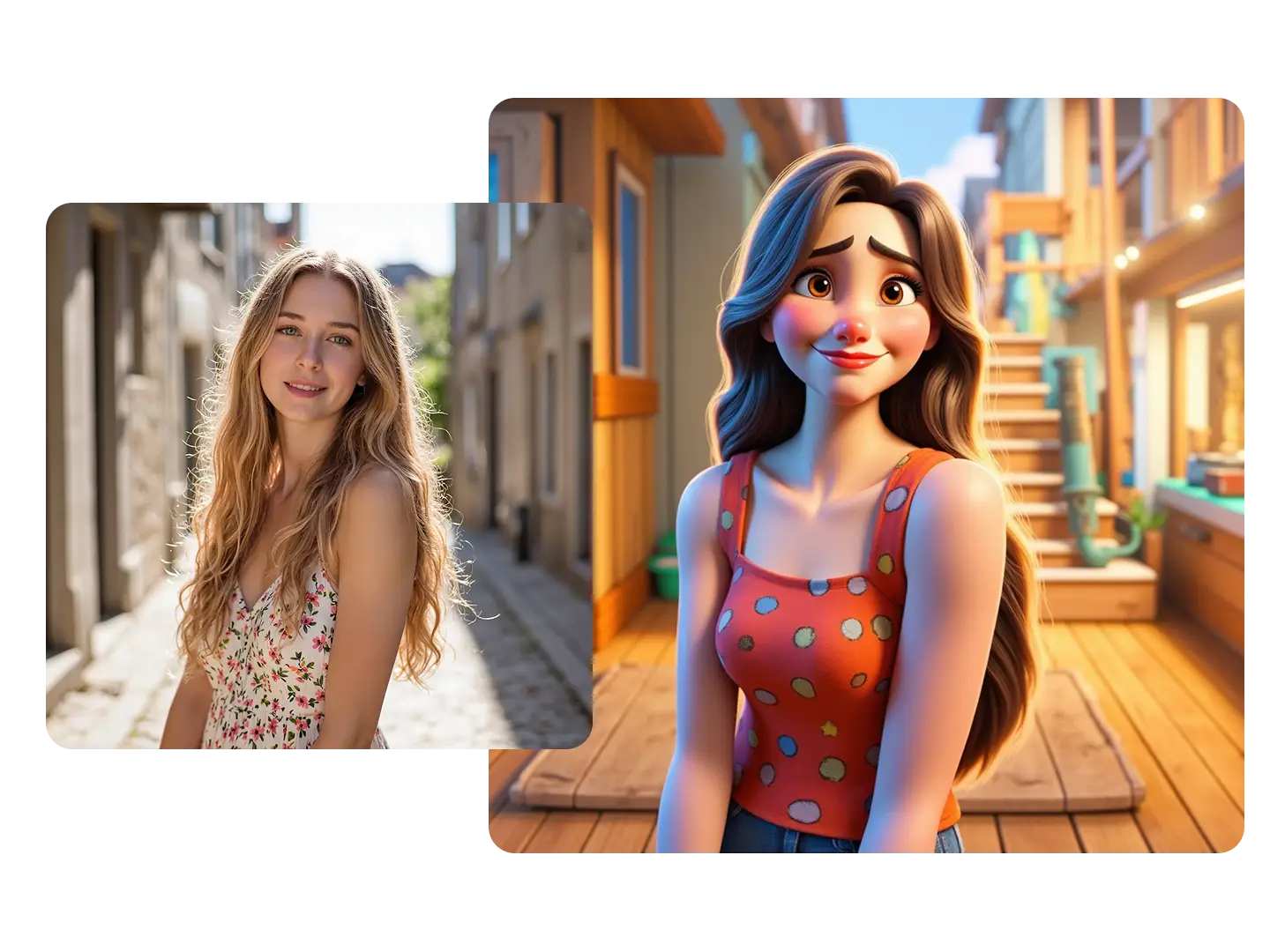 Turn a woman's portraits into cartoon characters