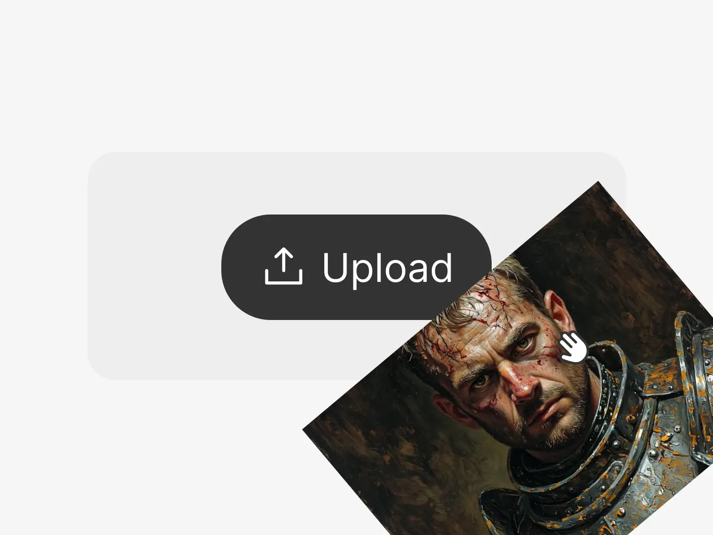A realistic portrait of a scarred knight in damaged armor is tilted over an upload interface. The intense expression and painterly texture emphasize Dzine's ability to handle dramatic character renders, turning uploaded visuals into cinematic-grade artwork for storytelling and game development.