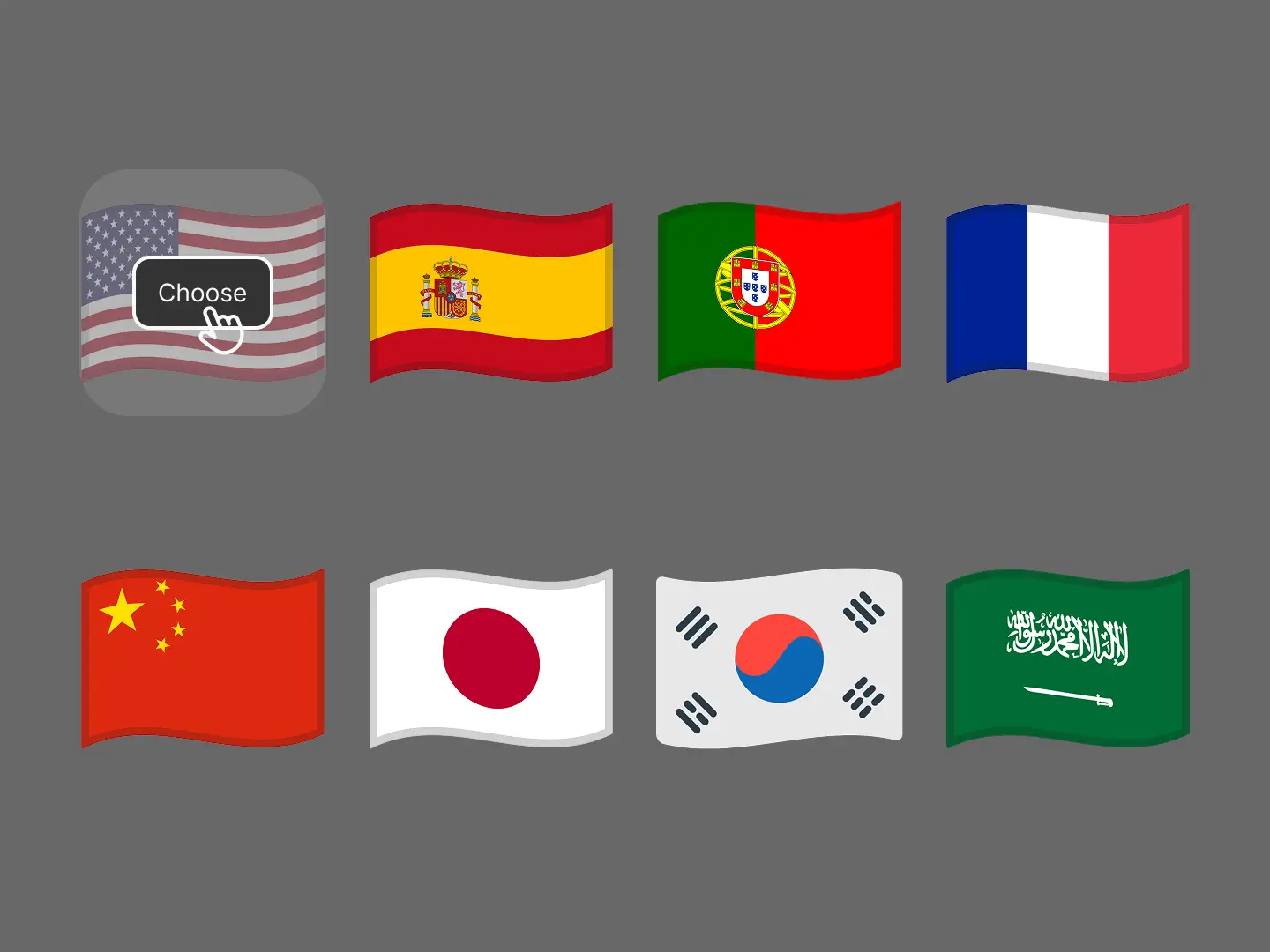 A grid of waving national flags (including US, China, France, and more) symbolizes multilingual AI support. The “Choose” prompt hovers over the American flag, reflecting interactive selection. This image works well for showcasing language capabilities in global apps, voice tools, or localization features.