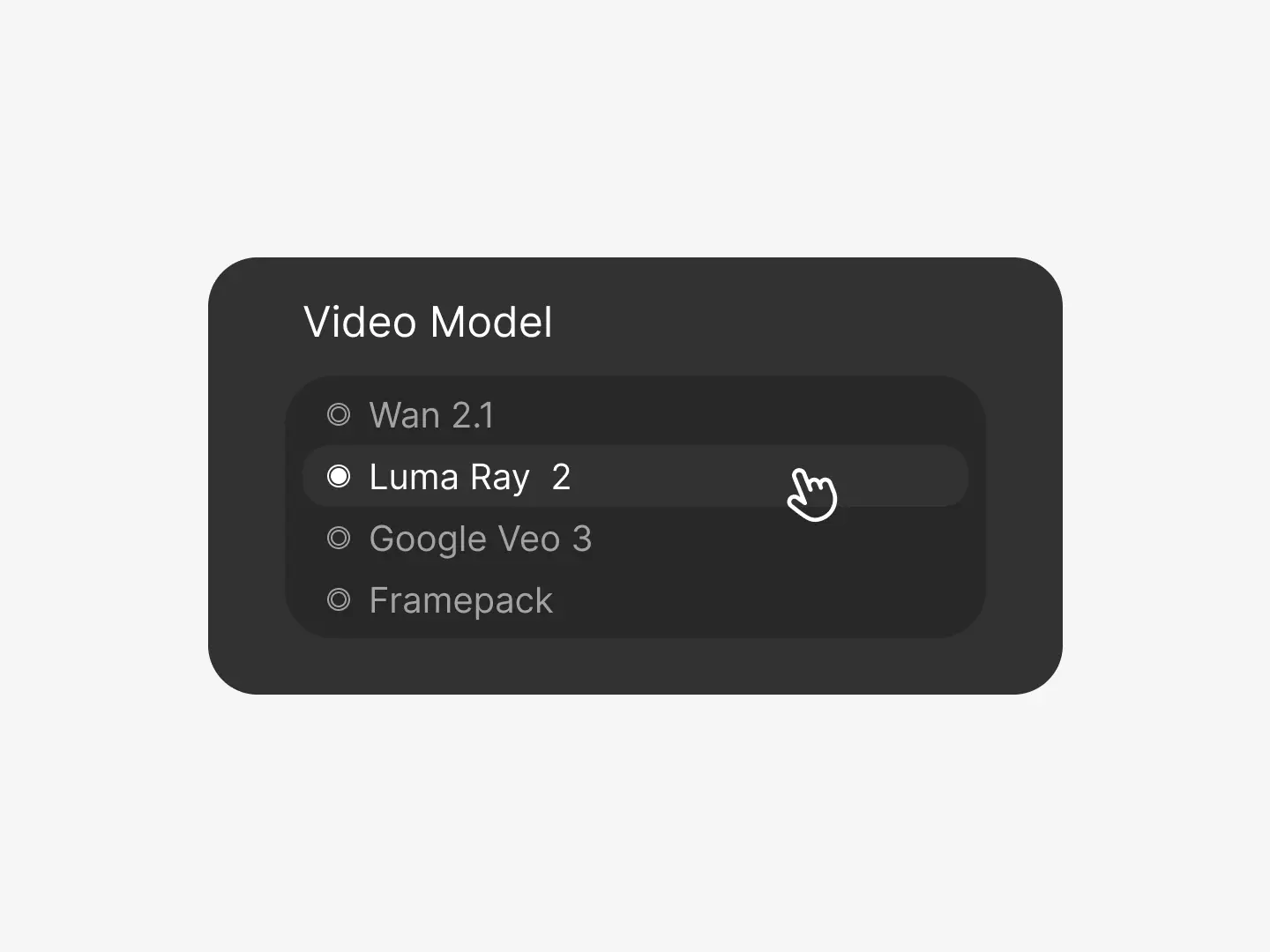 A sleek model selection interface showing options like “Wan 2.1” and “Luma Ray 2,” with a pointer highlighting the latter. The menu is part of Dzine's customizable video generation process, allowing users to select the rendering engine that best fits their creative direction and desired visual fidelity.