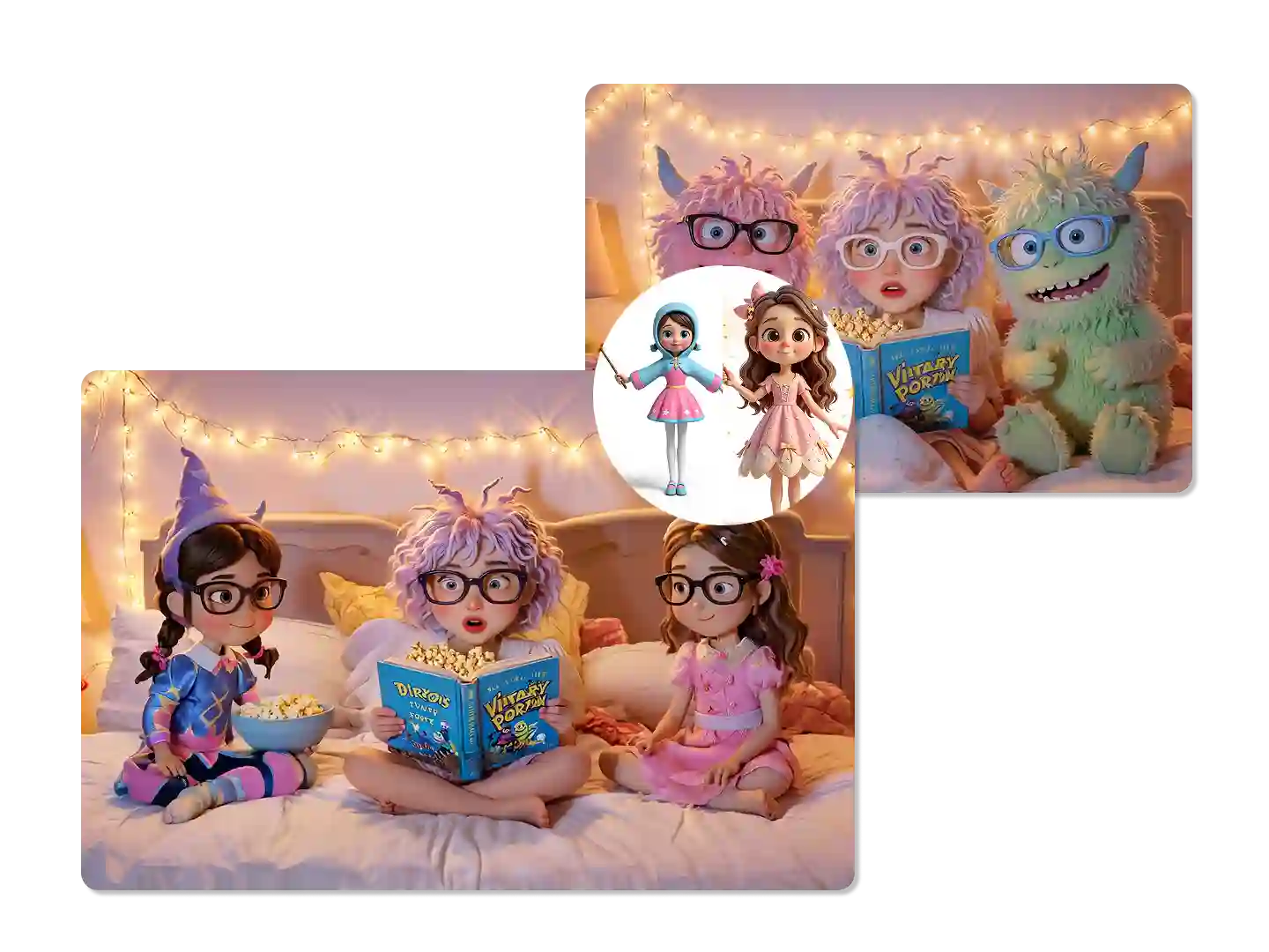 Three children and a friendly monster sit on a cozy bed