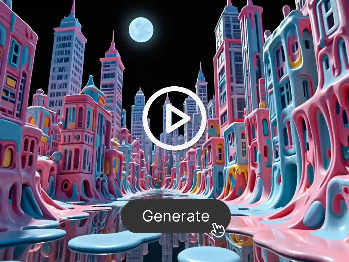 A surreal cityscape under the full moon, with candy-colored skyscrapers melting into glossy, reflective streets. The architecture looks fluid and dreamlike, combining fantasy with urban design. This imaginative scene highlights Dzine's ability to transform abstract concepts into visually compelling 3D animations with texture, color, and immersive motion.