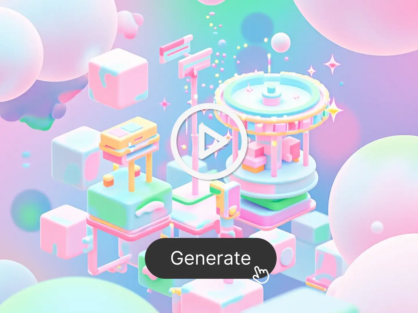 A pastel fantasy city floats among clouds, built with soft, blocky shapes and neon glows. A spinning structure at the center sparkles with magic-like effects. This dreamy visual highlights Dzine's ability to generate surreal, animated worlds that feel like a mix of gaming, candyland, and futuristic playgrounds.
