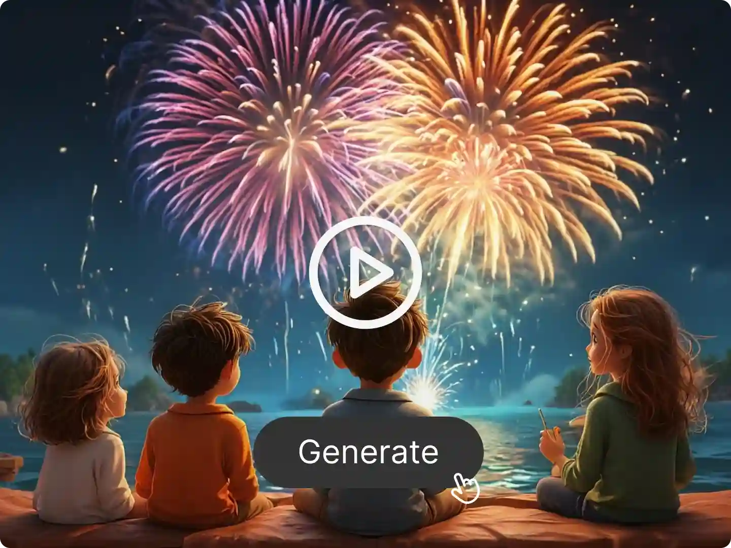 Kids watch fireworks: Four children sit by water, viewing colorful fireworks in the night sky. A "Generate" button and play icon are present.
