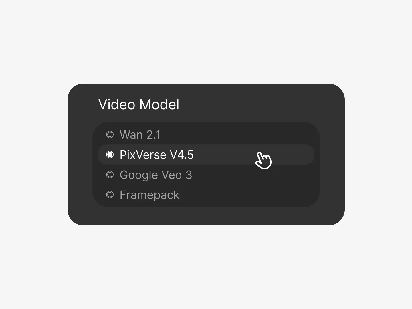 A dark UI panel with a clean layout allows users to select their preferred video generation model. The highlighted option, “Seedance,” is selected, hinting at a focus on fluid, expressive video results. The interaction-ready cursor adds a dynamic, responsive feel to the selection process.