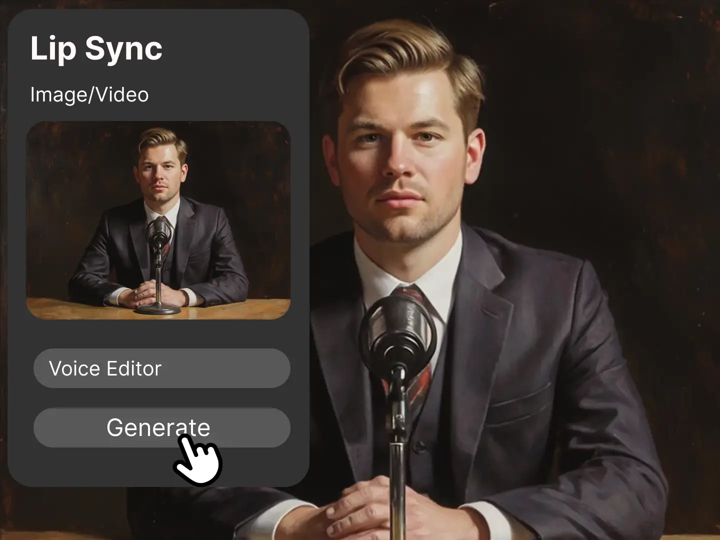An AI-generated interface shows a man in a suit speaking into a microphone, flanked by lip-sync options. The contrast between realism and UI elements suggests advanced voice-matching technology — perfect for demonstrating how images and audio combine in multimedia storytelling or virtual avatars.