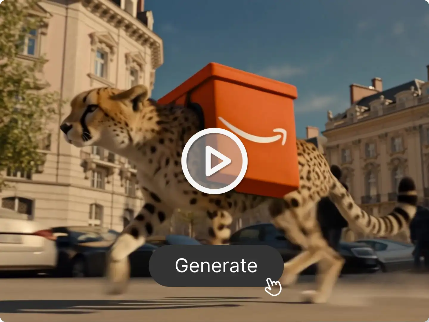 Amazon delivery cheetah: A cheetah runs on a city street, carrying an orange Amazon box. A "Generate" button and play icon are overlaid.