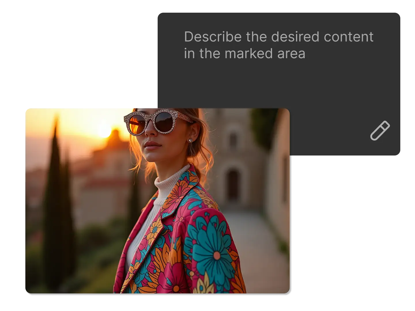 A woman in a floral jacket and sunglasses stands against a sunset - lit, scenic backdrop with buildings and greenery.