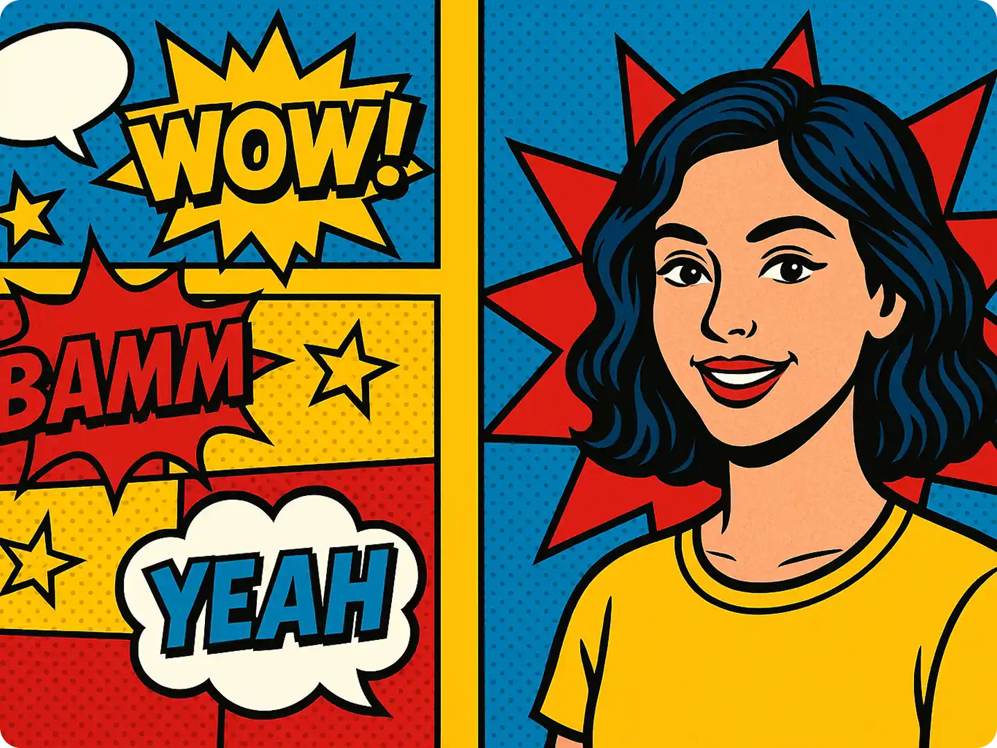 An art design of a woman and left with some attracting description words