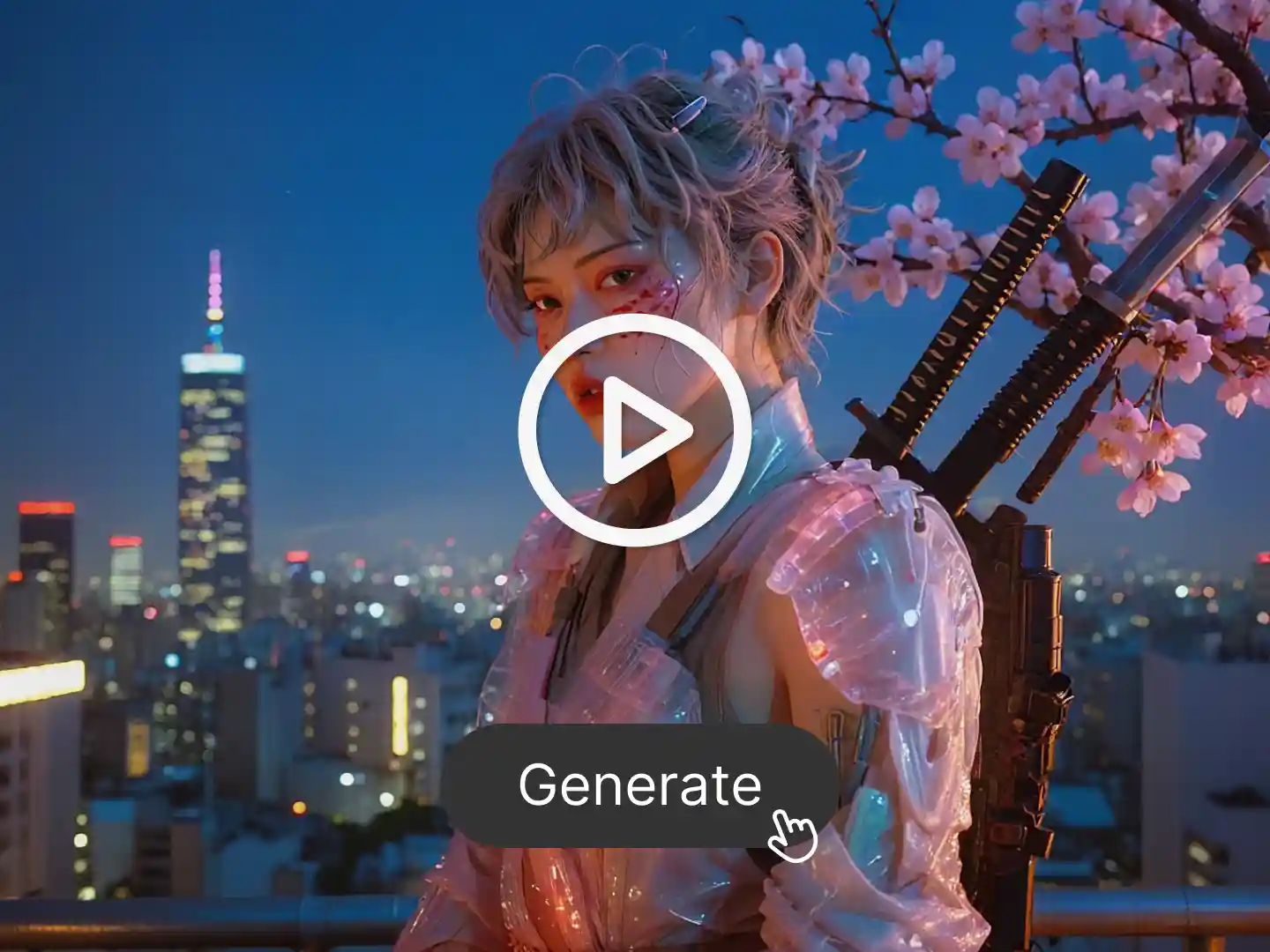 This is a cinematic 2D UI illustration featuring a futuristic woman with short pink hair and translucent cyber armor, standing under cherry blossoms with city lights behind her. A circular play button overlays the center, while a dark “Generate” button sits below, indicating video rendering interaction.