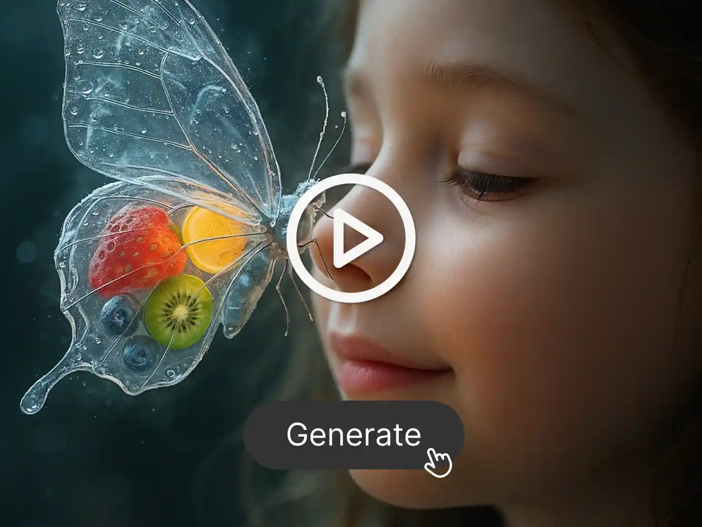 This stunning video captures a magical moment where a delicate glass-winged butterfly, filled with colorful fruits, gently lands on a girl's nose. The animation highlights natural beauty, innocence, and surreal imagination. Created instantly with a click of “Generate” using AI magic.
