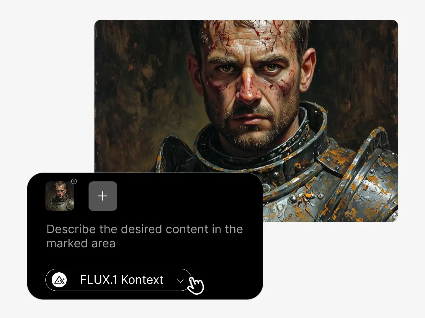 A cinematic close-up of a battle-worn knight with scars and intense eyes, rendered in painterly detail. The interactive UI below prompts users to describe visual edits using the FLUX.1 Kontext plugin, highlighting the seamless blend of natural language and creative control in AI-assisted image generation.