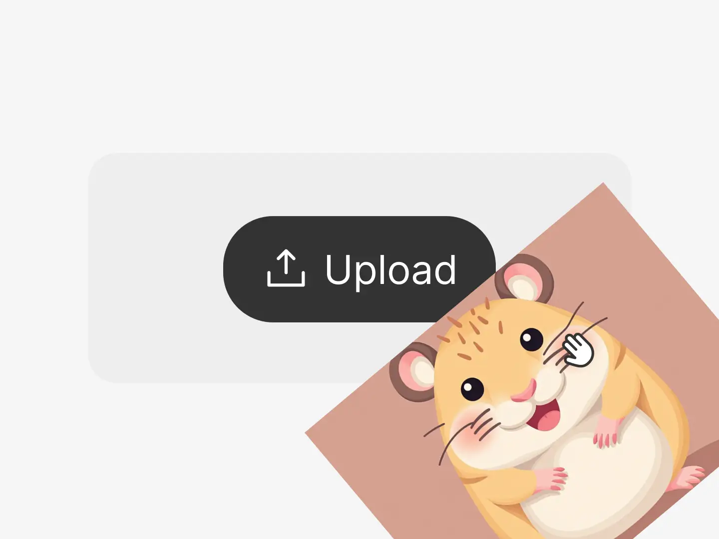 A hand-drawn cartoon hamster with a big smile and soft colors is shown inside a user interface next to an “Upload” button. The image is tilted slightly, suggesting motion. This screen illustrates Dzine's intuitive uploading workflow, where users can easily import illustrations to begin generating animated, character-driven video scenes.