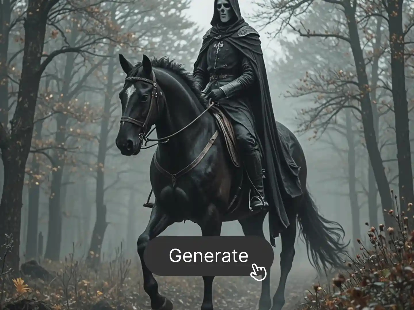 A cloaked figure rides a black horse through a foggy forest. The eerie mood and fantasy setting, paired with a 'Generate' button, show Dzine's ability to create dark, atmospheric visuals—ideal for game concept art, gothic storytelling, or AI-generated narrative environments.