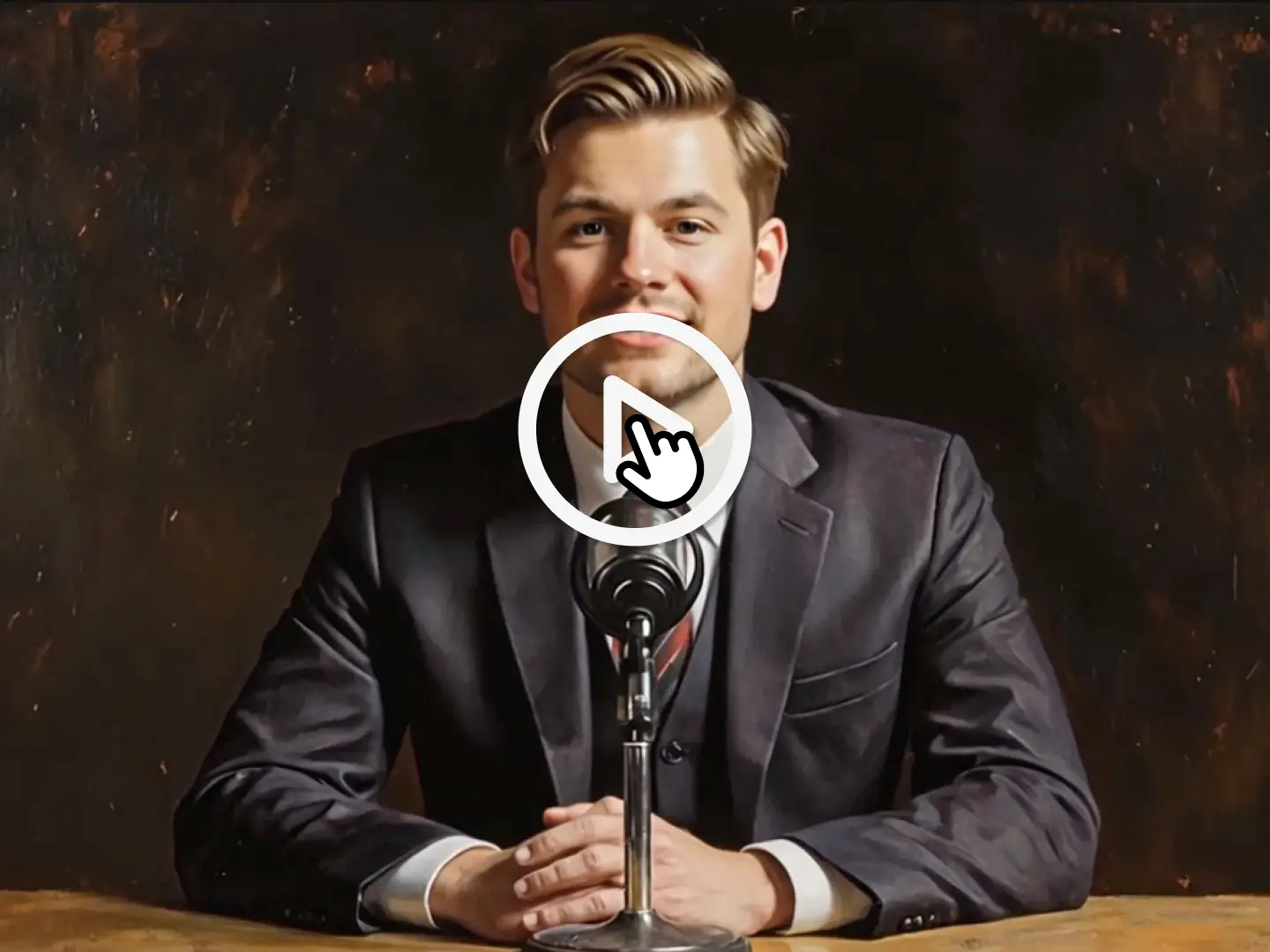 A painting-like video still shows a man in a dark suit and tie, seated confidently behind a microphone, ready to record. A play button hovers in the center, blending art and interaction — ideal for showcasing AI-generated video animation, podcast avatars, or narrative-driven content tools.