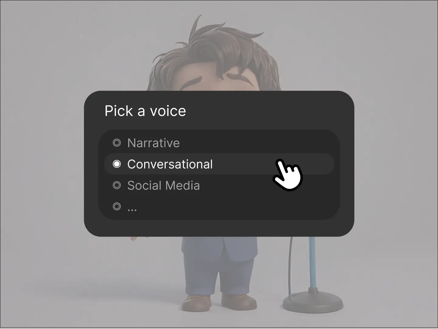 An animated character stands behind a mic as a UI voice selection menu appears, highlighting “Conversational.” The cartoon style and UI overlay evoke customizable voice features — a fitting visual for lip-sync demos, social media narrators, or voice cloning previews.