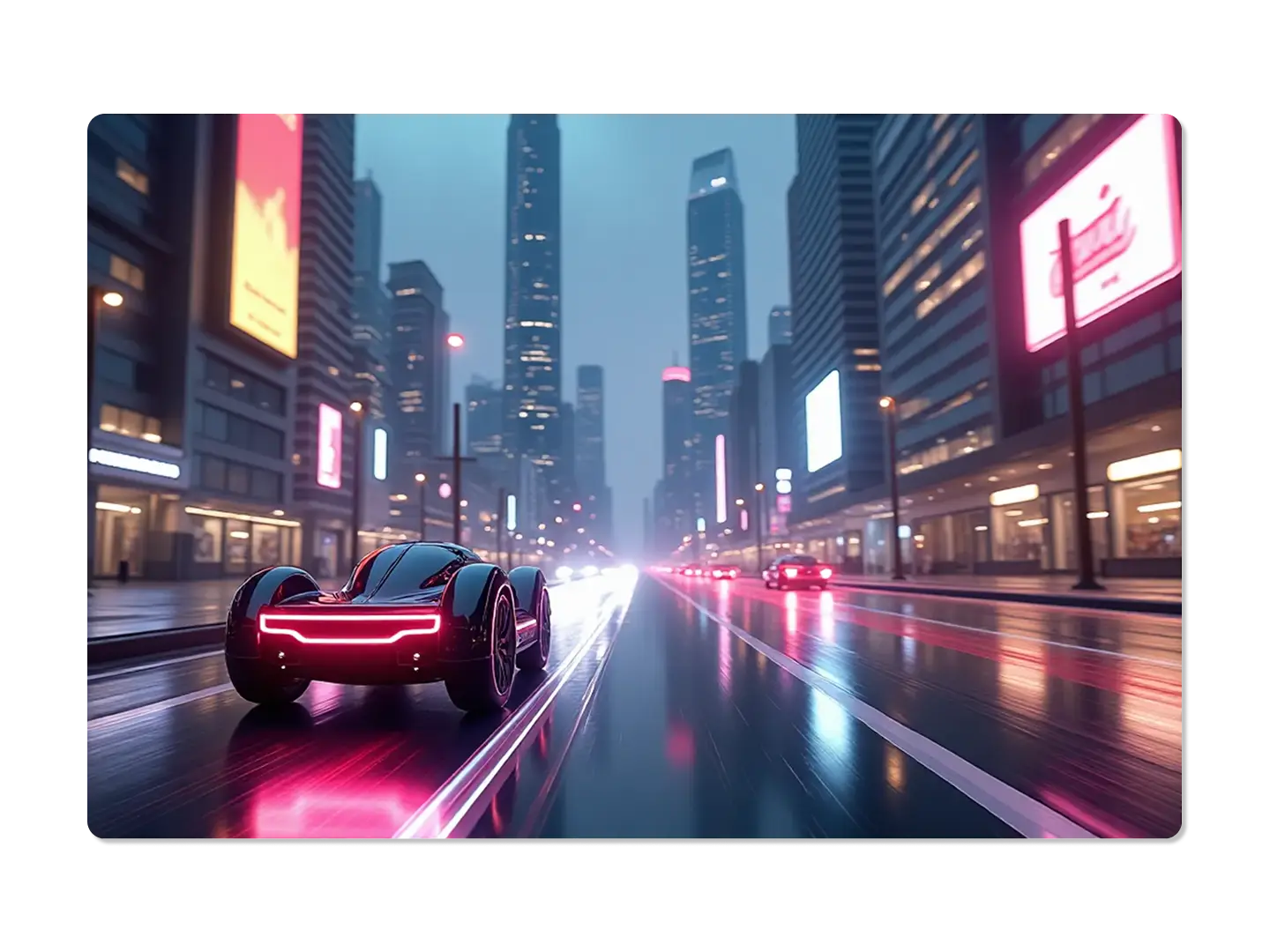A futuristic car drives on a neon - lit city street, surrounded by tall skyscrapers and other vehicles under a misty sky.