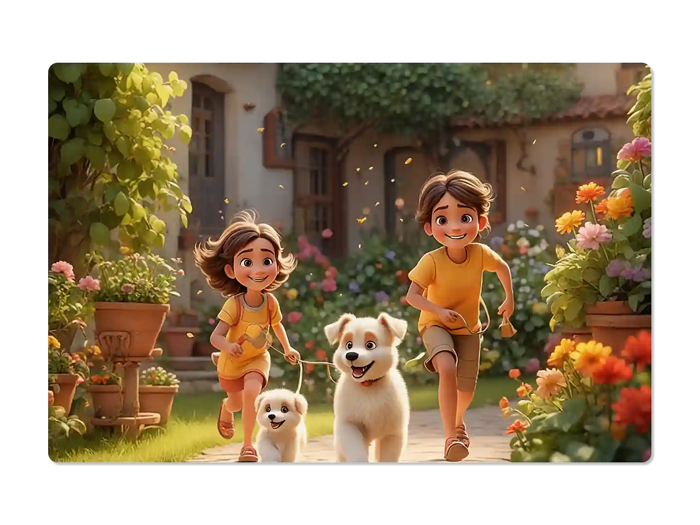 Two animated kids run joyfully with fluffy dogs