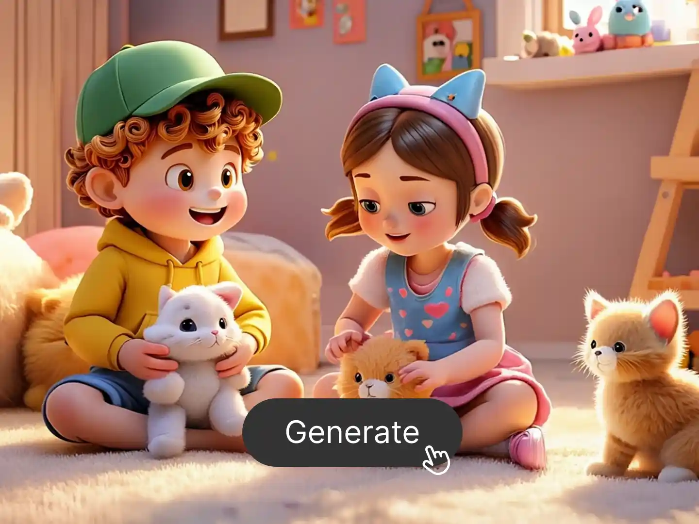 Two children play with plush kittens in a warmly lit bedroom