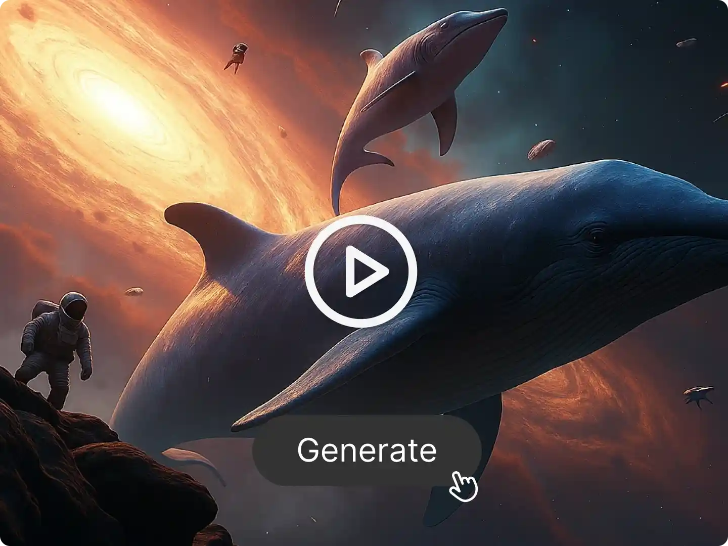 Surreal space scene: Astronauts and giant dolphins float against a swirling galaxy backdrop. A "Generate" button sits below a play icon.