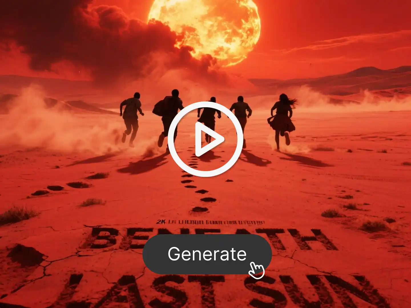Silhouetted figures sprint across a crimson desert under a blazing sun, with dust clouds and long shadows behind them. This intense scene evokes urgency and emotion, perfect for post-apocalyptic storytelling or high-stakes cinematic teasers.
