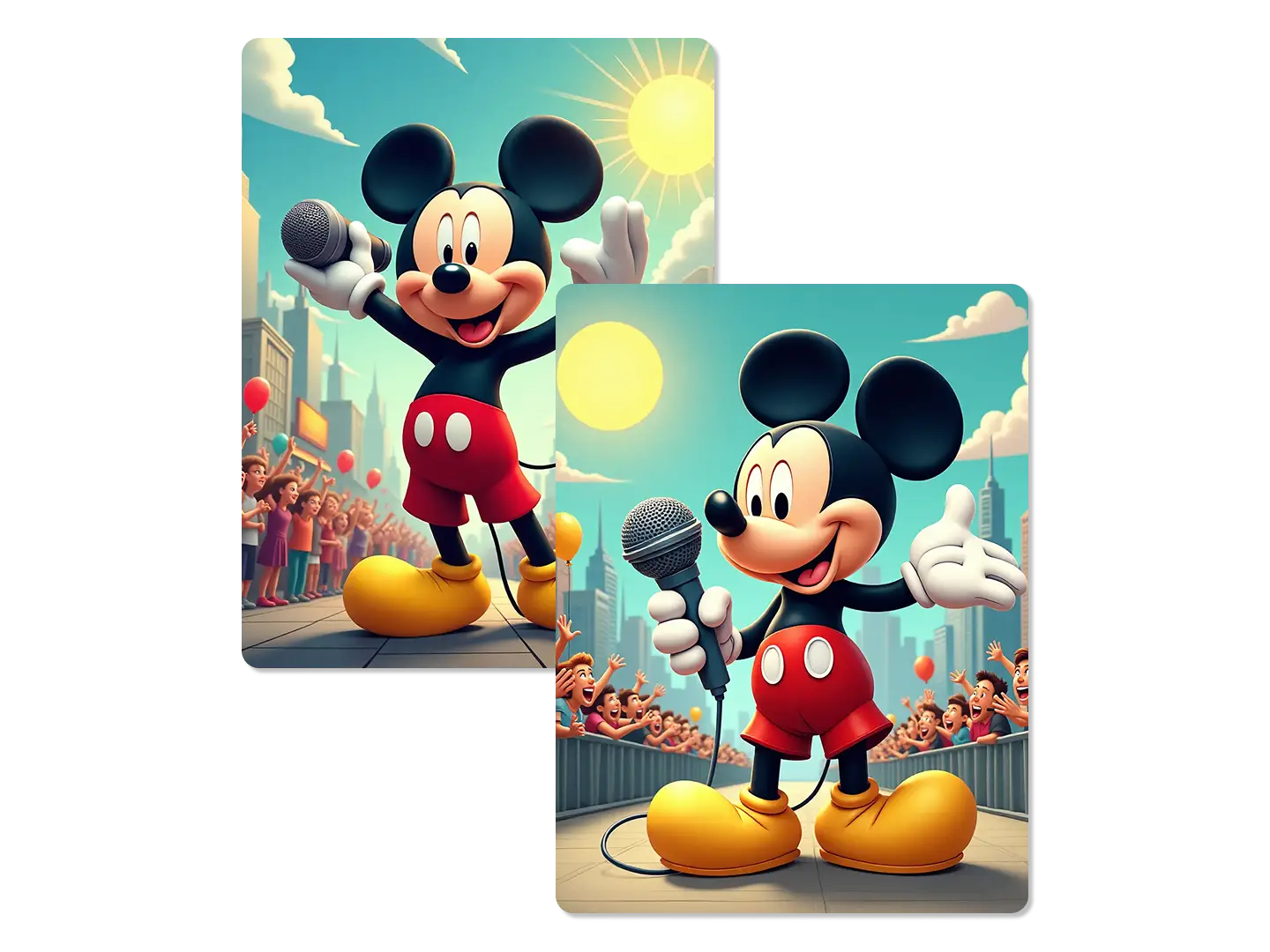 Two illustrations of Mickey Mouse singing on a stage, with a cheering crowd, city buildings, balloons, and a bright sun in the background.