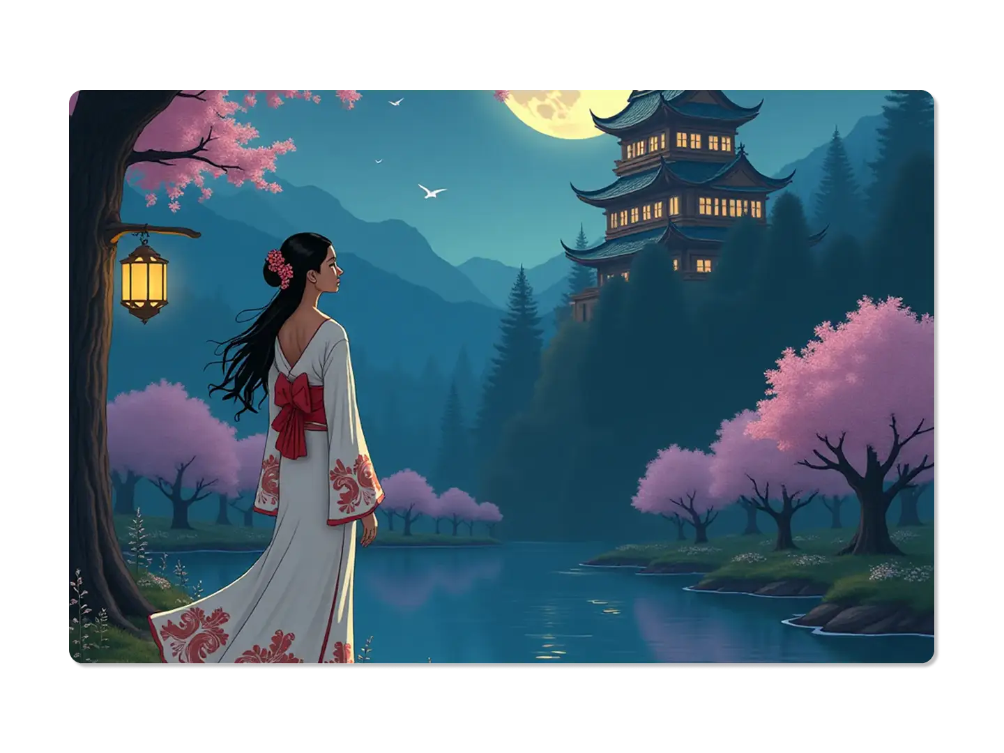 A woman in traditional clothing stands by a lake, with a pagoda, cherry blossom trees, mountains, and a full moon creating an idyllic night scene.