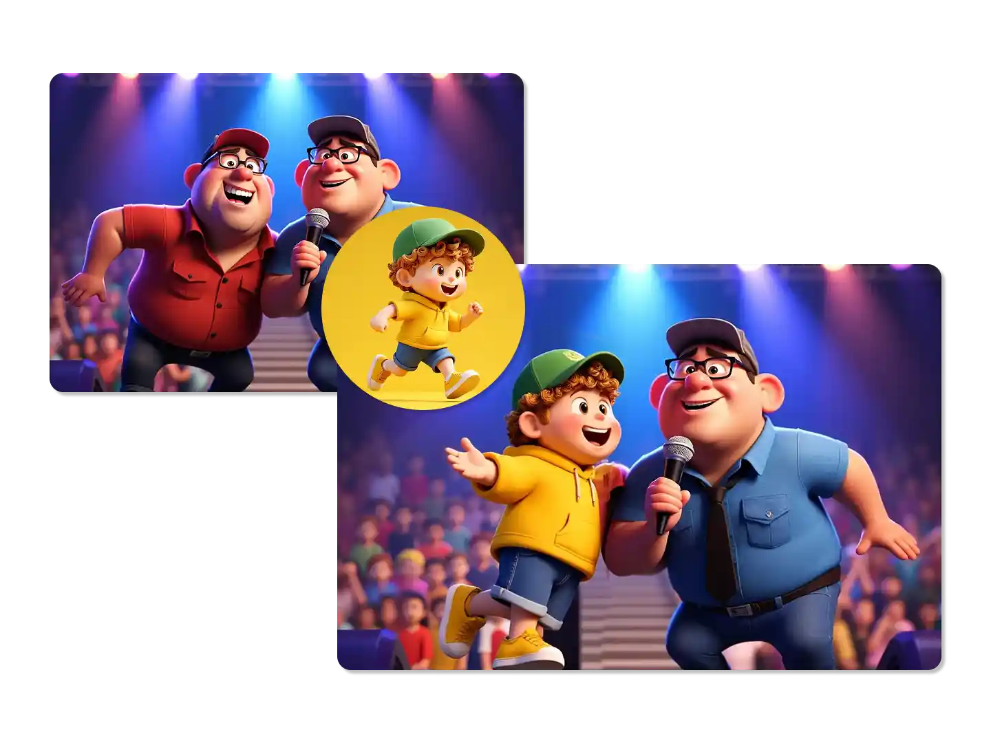 On a brightly lit stage, a cartoon boy in a yellow hoodie