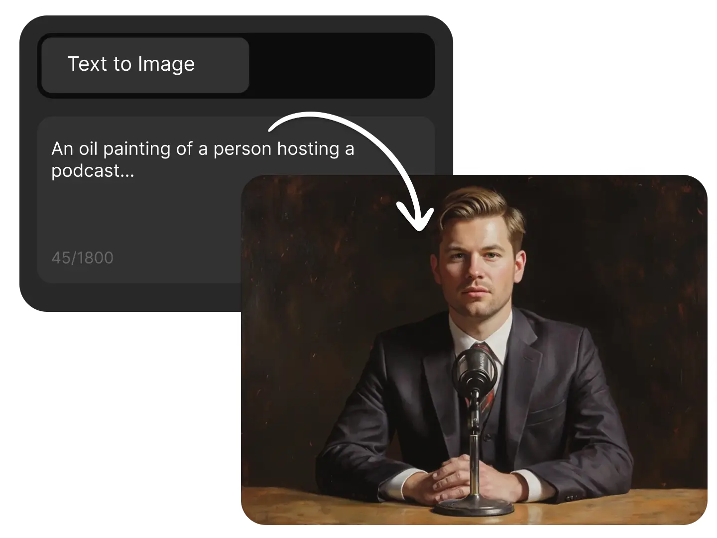 A formal oil painting depicts a suited man podcasting behind a vintage microphone. The scene blends classical portraiture with digital prompts, hinting at AI-generated image tools. Ideal for illustrating text-to-image transformations, media production with artistic flair, or elegant examples of voice synthesis storytelling.