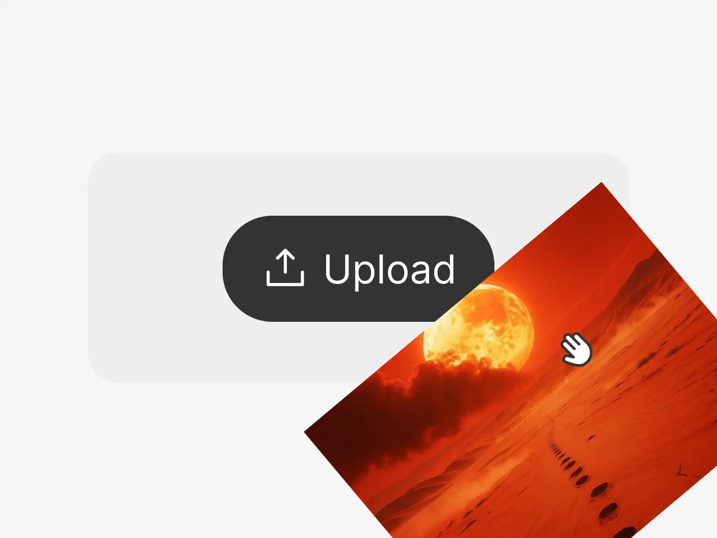 A bright desert landscape with a burning orange sky is dragged onto the upload button, signaling start of video creation. This engaging moment captures the ease of uploading images to trigger high-quality AI video generation in just one step.