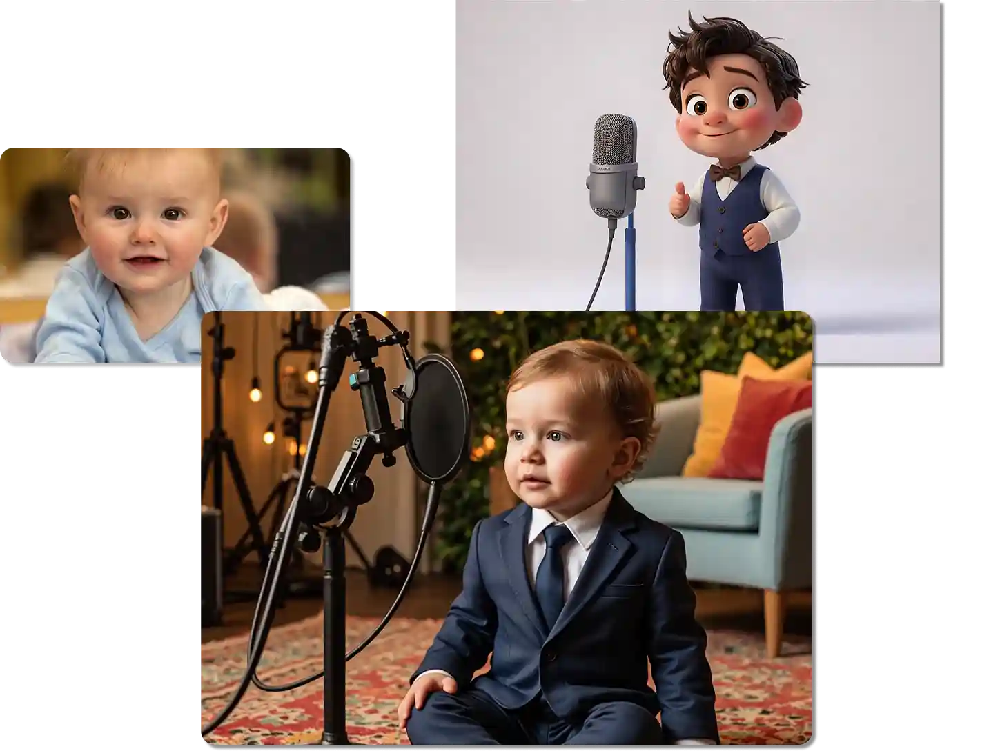 Three child characters appear as different styles: real baby, cartoon-style character, and toddler in a suit with a microphone setup. The scene emphasizes AI’s ability to transform personas across realism and animation — a perfect fit for digital voice acting, avatars, or expressive child-based storytelling.