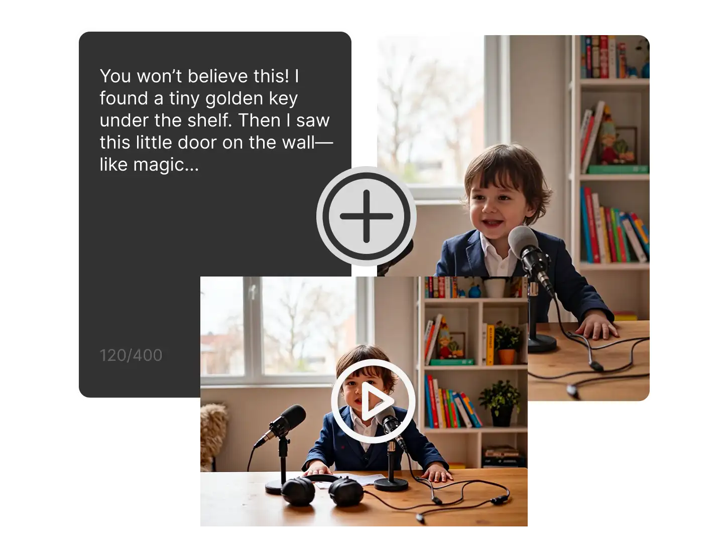 A young child in a blue suit records at a desk with a mic, smiling as UI text bubbles tell a whimsical story. The setting blends AI storytelling tools with childlike wonder — perfect for illustrating interactive story generation, educational narration, or animated podcast scenes.