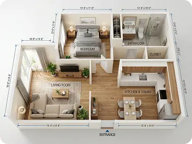 Present rental properties with detailed 3D room designs