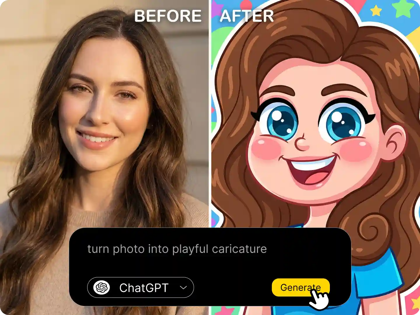 Turn photo to caricature with text prompts