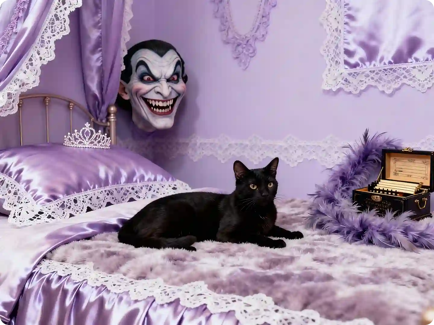 A stylized 3D anime girl with short black and red-tinted hair