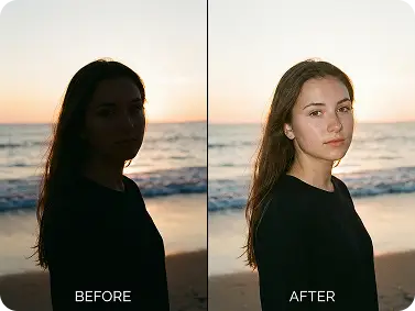 Dark portrait brightened with Dzine’s AI Image Brightener, showing natural facial lighting