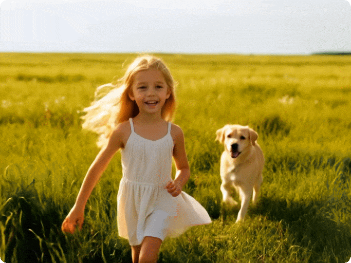 Girl and dog running through the grassland