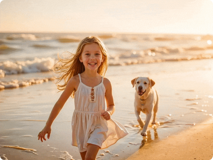 Girl and dog running along the beach