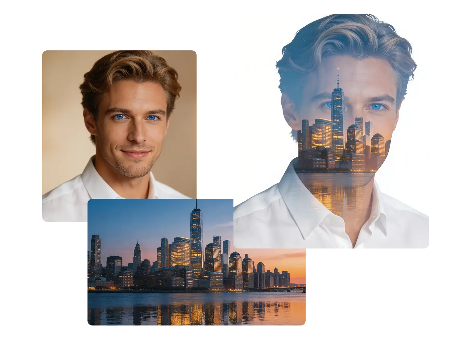 Surreal art created with Dzine’s mask image tool, blending landscape and portrait with layer mask