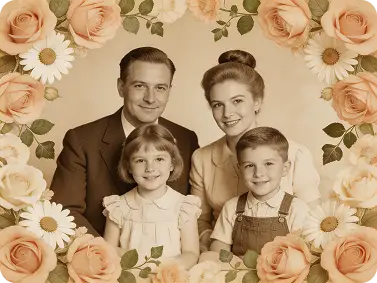 Vintage photos restored and masked with Dzine’s layer mask tool, blending old and new visuals