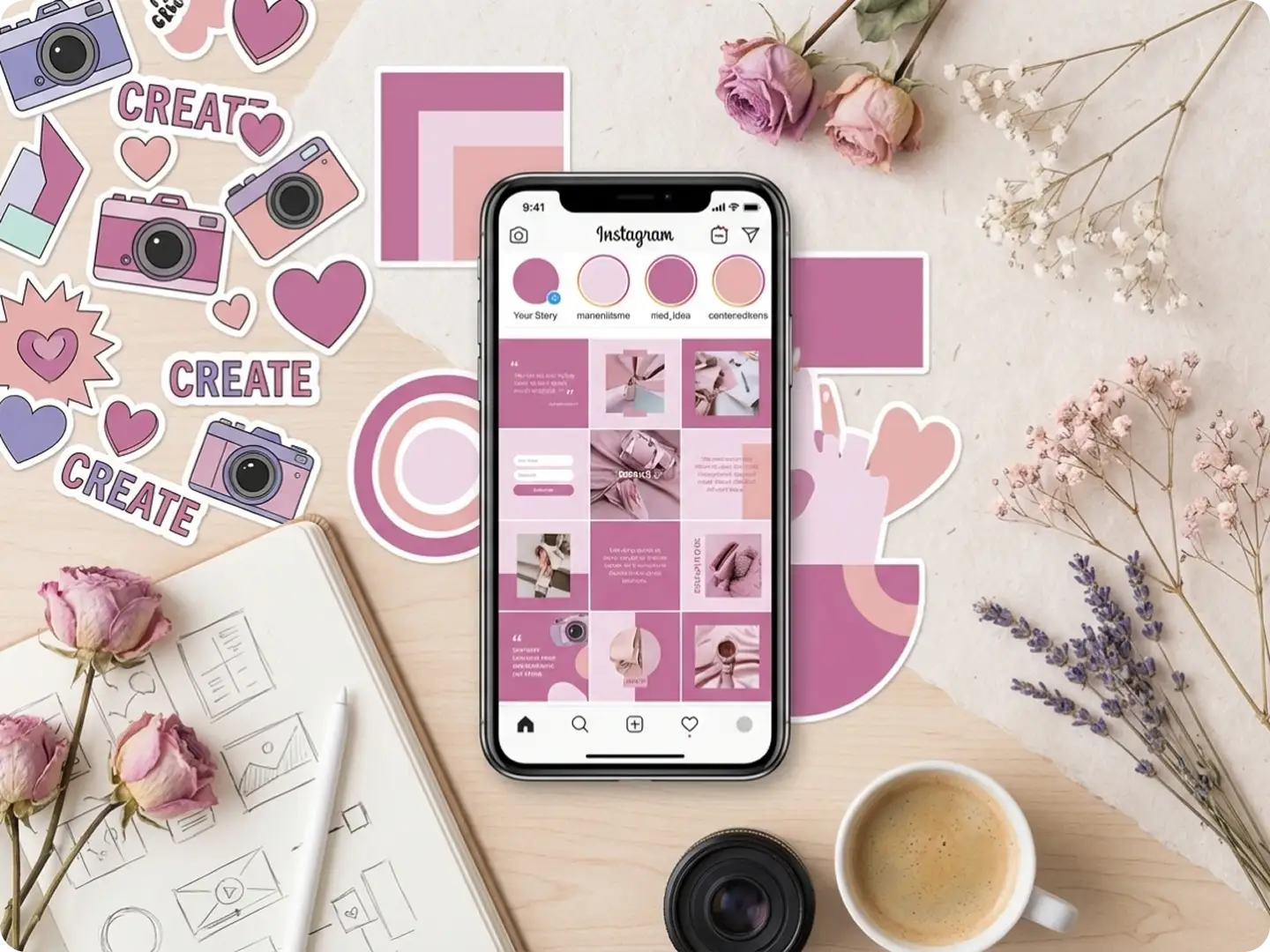 Social media content with mauve pink