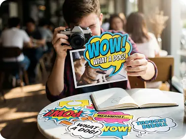 Comic-style speech bubble with text on a cartoon photo