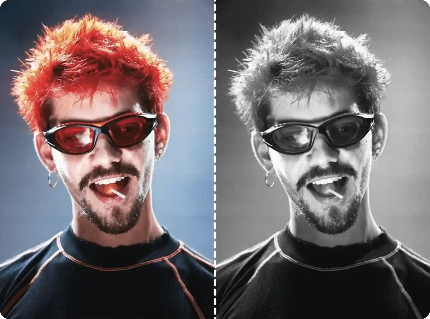 A picture the right side is the colored style and the right side is the black and white style